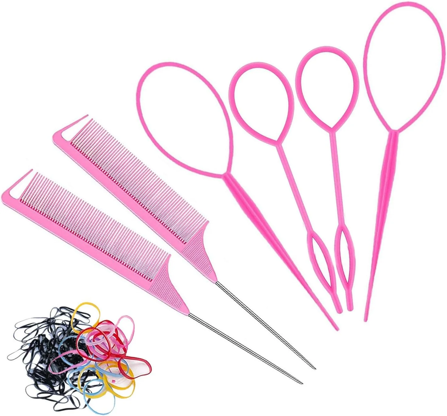 مجموعه ابزار حالت دهی مو صورتی Duomama با 2 شانه دم موشی فلزی، 4 ابزار حالت دهی حلقه ای (2 بزرگ + 2 کوچک)، 100 کش مو رنگی تصادفی - مناسب برای حالت دهی حرفه ای و DIY