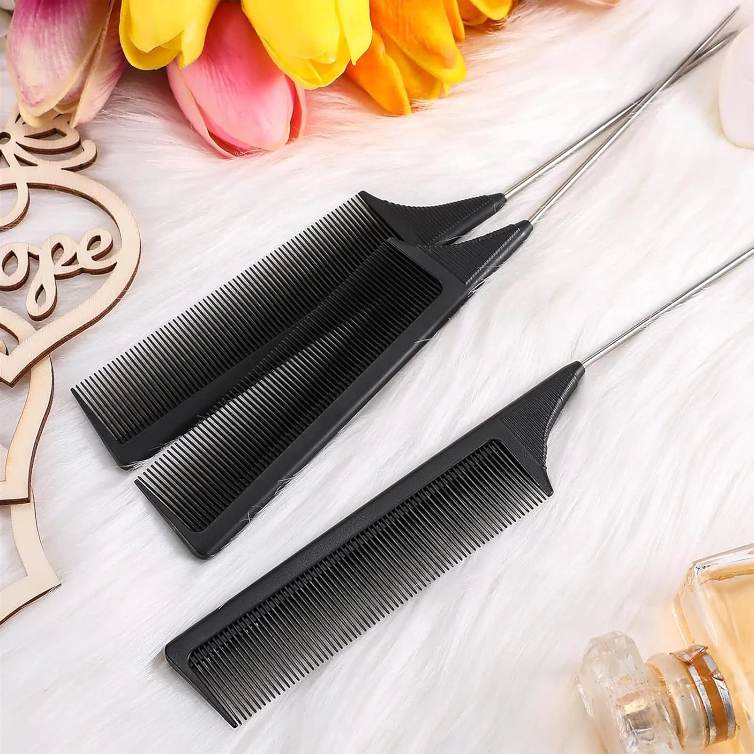 مجموعه شانه دم موشی حرفه ای اکو شاین 2 عددی، دم فلزی با دندانه های ظریف، فیبر کربن ضد الکتریسیته ساکن مشکی برای آقایان و بانوان