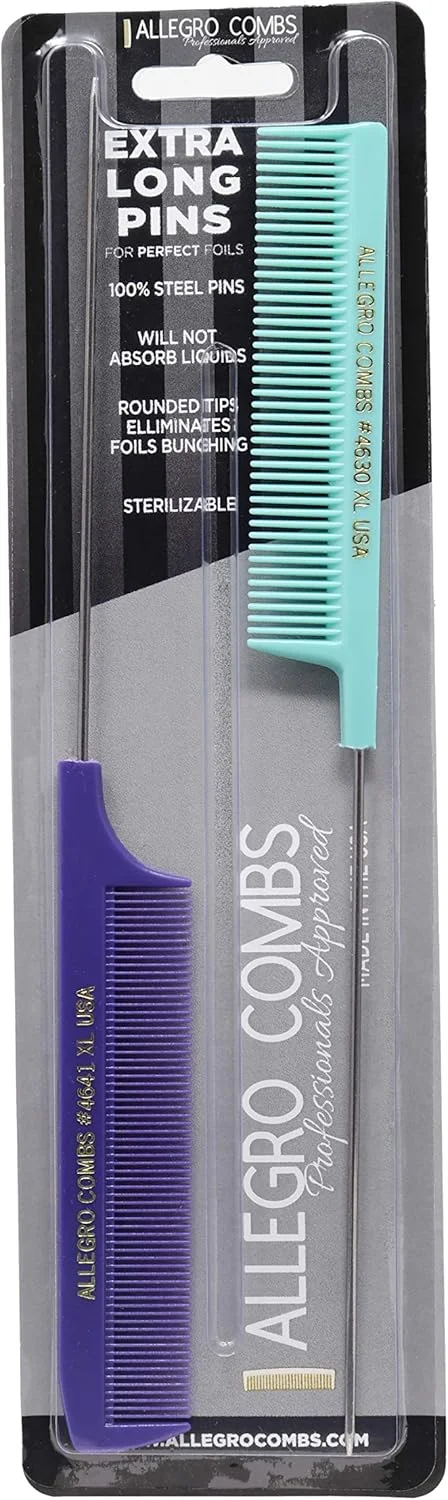 شانه دم موشی بزرگ Allegro Combs، شانه های جدا کننده مو، شانه دم فلزی، شانه سوزنی 2 عددی (بنفش و نعنایی)