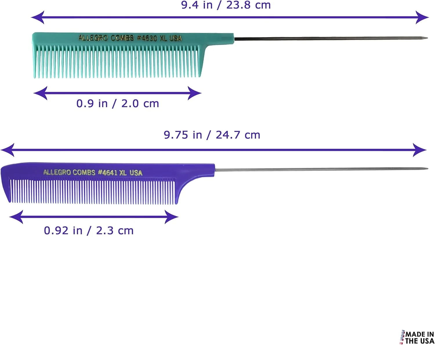 شانه دم موشی بزرگ Allegro Combs، شانه های جدا کننده مو، شانه دم فلزی، شانه سوزنی 2 عددی (بنفش و نعنایی)