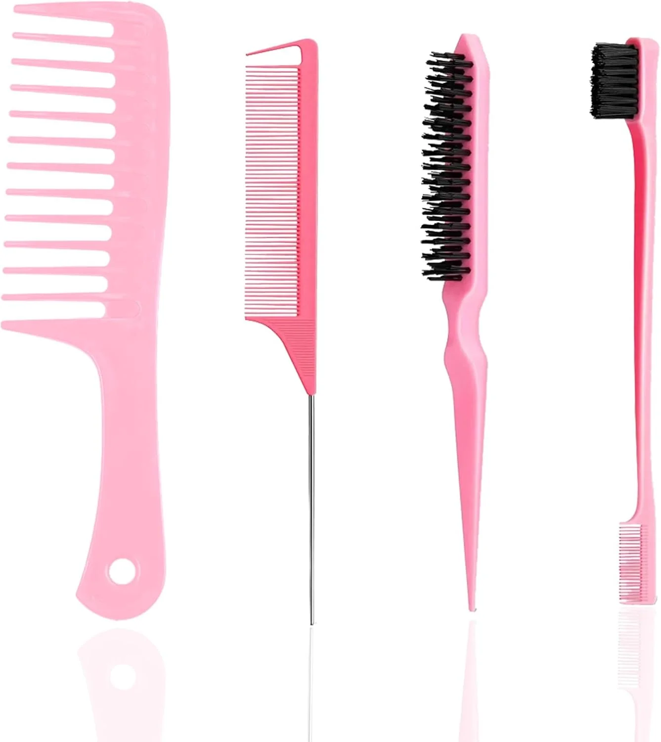 ست شانه حالت دهنده مو 4 تکه، برس لبه دو طرفه، شانه پوش دهنده مو، شانه دم موشی، شانه برای زنان، برس کنترل لبه، موهای پلاستیکی، برای خانه، آرایشگاه ها، صورتی