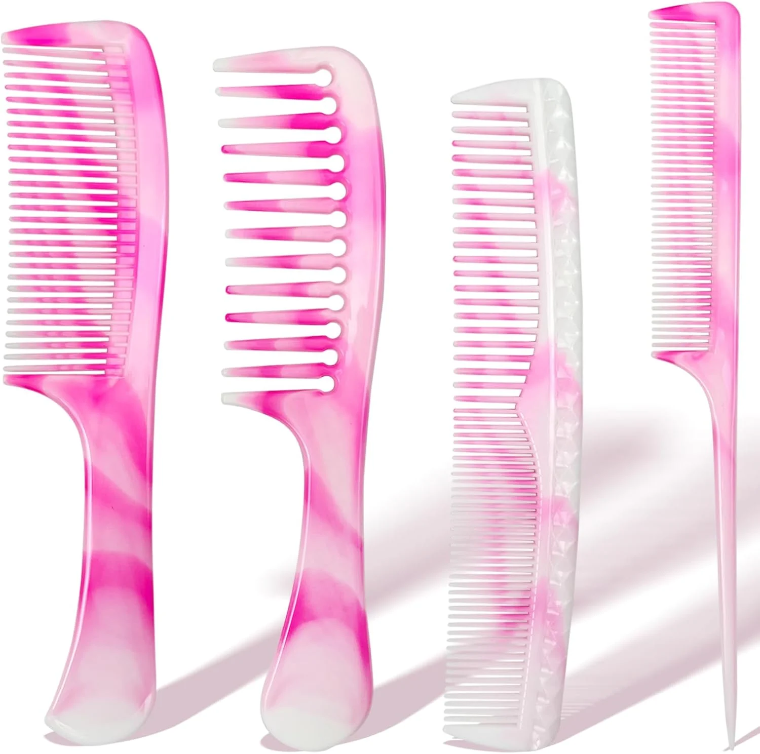 مجموعه شانه مو 4 عددی یونیسکس - شانه دم موشی، دندانه پهن و ظریف و دو طرفه برای باز کردن گره مو به صورت روزانه، صورتی