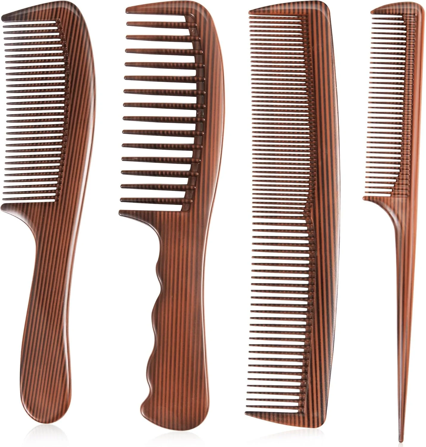 ست شانه چوبی طرح دانه چوب 4 تکه، شامل شانه دندانه پهن، شانه دم موشی، شانه ریش، و ست شانه موی حرفه ای دندانه ریز برای زنان، مردان، آرایشگران، حالت دهی/مجعد/پوش دادن/فرق باز کردن/سبیل