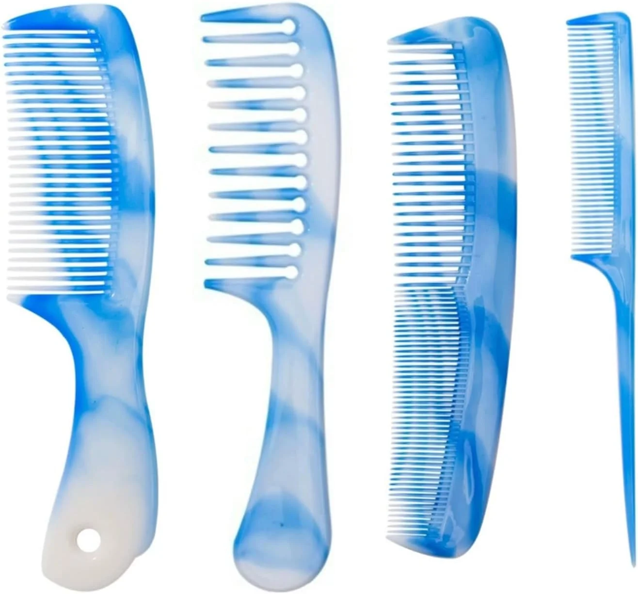 ست شانه مو آبی روشن 4 تکه، ست شانه مو برای مردان و زنان، دندانه پهن، دندانه ریز، دم موشی، دو طرفه با دندانه های ریز و پهن