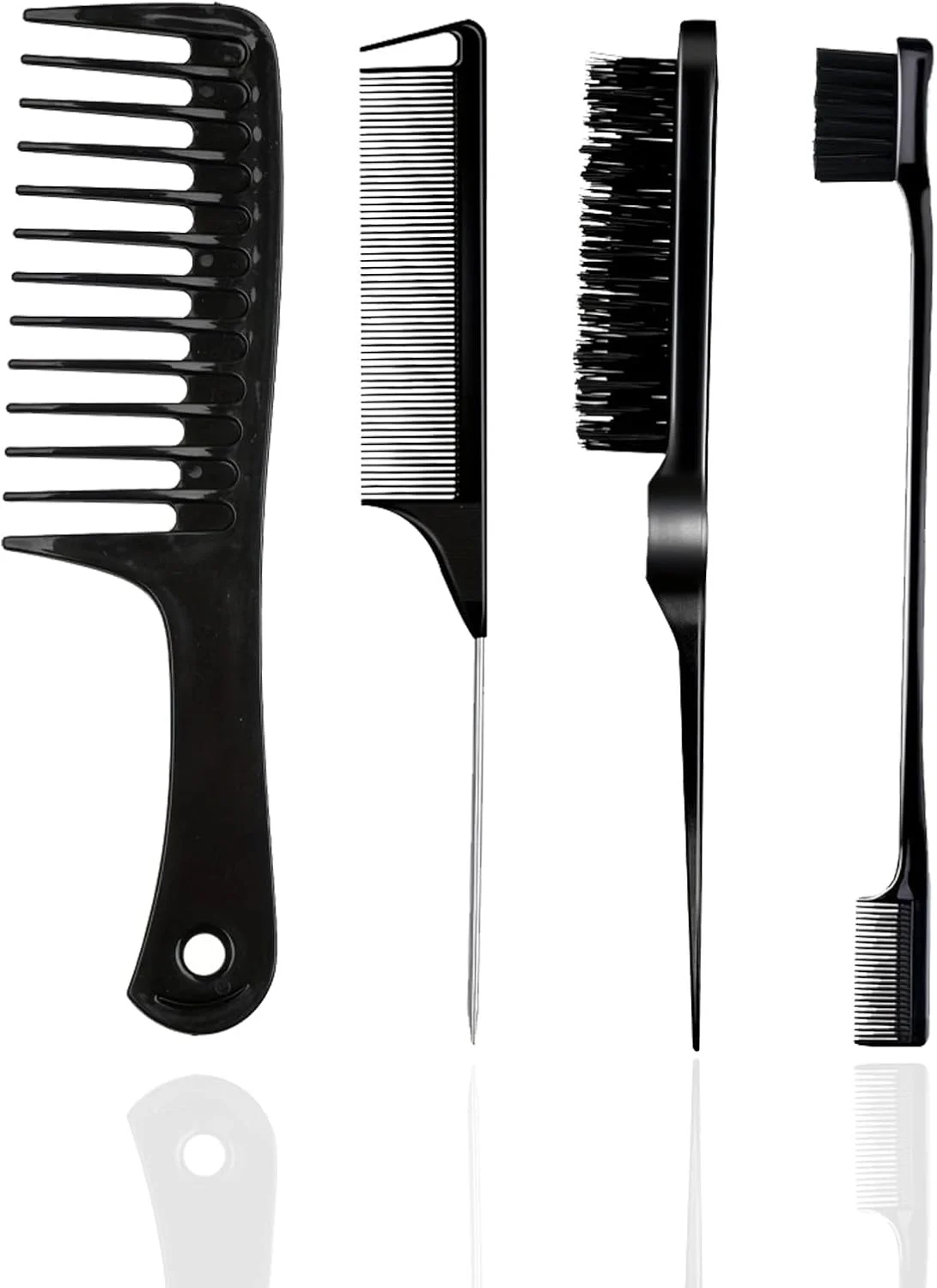 ست شانه حالت دهنده مو 4 تکه، برس لبه دو طرفه، شانه پوش دهنده مو، شانه دم موشی، شانه برای زنان، برس کنترل لبه، موی پلاستیکی، برای خانه، آرایشگاه ها، مشکی