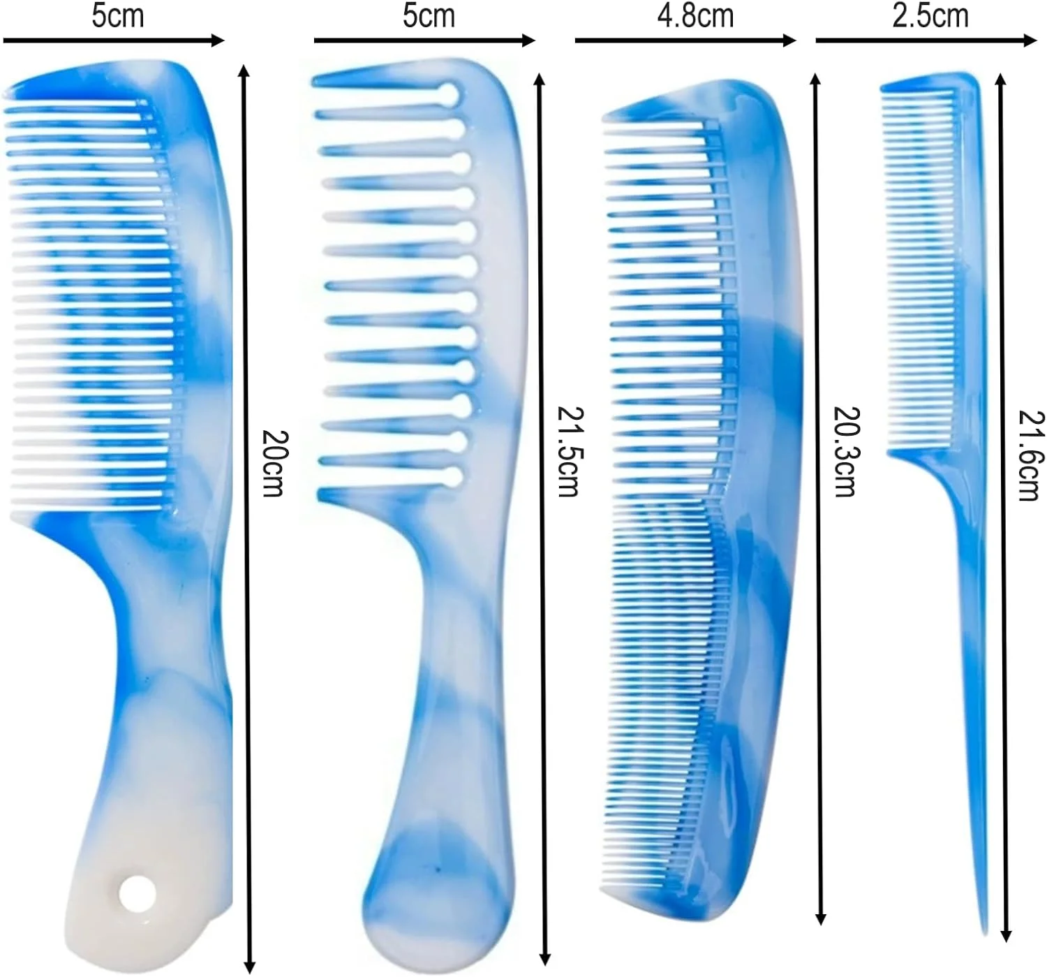 ست شانه مو آبی روشن 4 تکه، ست شانه مو برای مردان و زنان، دندانه پهن، دندانه ریز، دم موشی، دو طرفه با دندانه های ریز و پهن