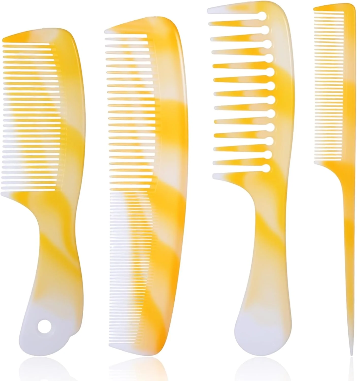 ست شانه حرفه ای 4 تکه، شانه دندانه پهن زرد، شانه دندانه ریز، شانه دم موشی، لوازم جانبی آرایشگری، شانه مو برای حالت دادن، جدا کردن، کوتاه کردن، پوش دادن و موهای فر زنانه و مردانه