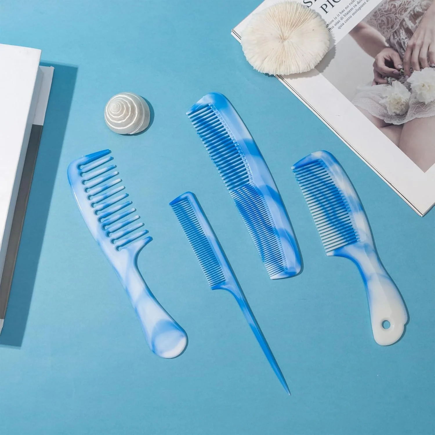 ست شانه مو آبی روشن 4 تکه، ست شانه مو برای مردان و زنان، دندانه پهن، دندانه ریز، دم موشی، دو طرفه با دندانه های ریز و پهن