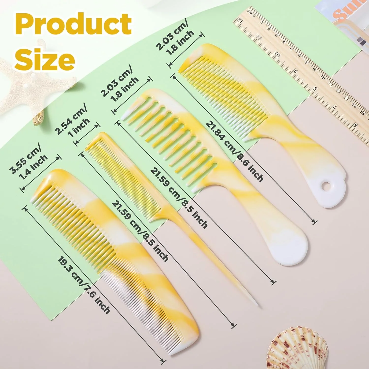 ست شانه حرفه ای 4 تکه، شانه دندانه پهن زرد، شانه دندانه ریز، شانه دم موشی، لوازم جانبی آرایشگری، شانه مو برای حالت دادن، جدا کردن، کوتاه کردن، پوش دادن و موهای فر زنانه و مردانه