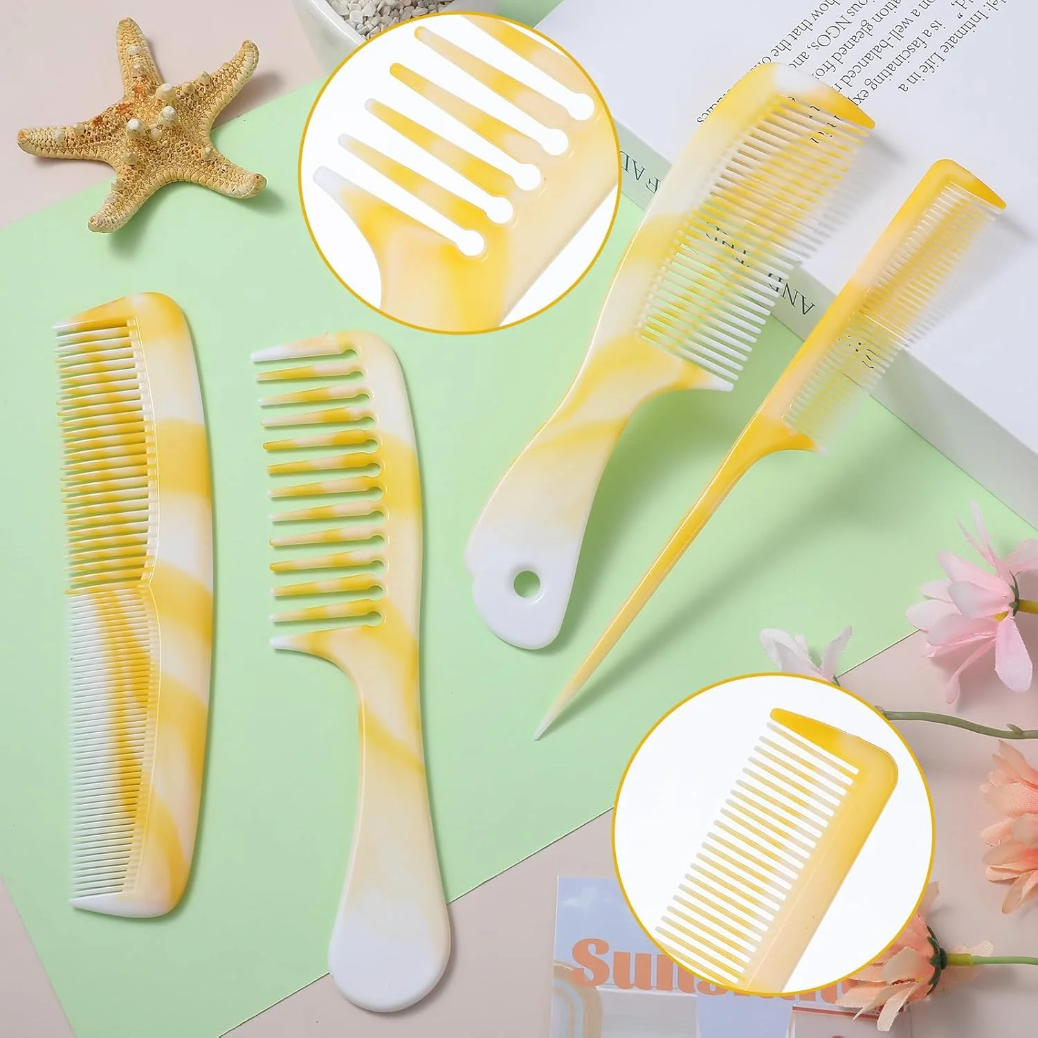 ست شانه حرفه ای 4 تکه، شانه دندانه پهن زرد، شانه دندانه ریز، شانه دم موشی، لوازم جانبی آرایشگری، شانه مو برای حالت دادن، جدا کردن، کوتاه کردن، پوش دادن و موهای فر زنانه و مردانه