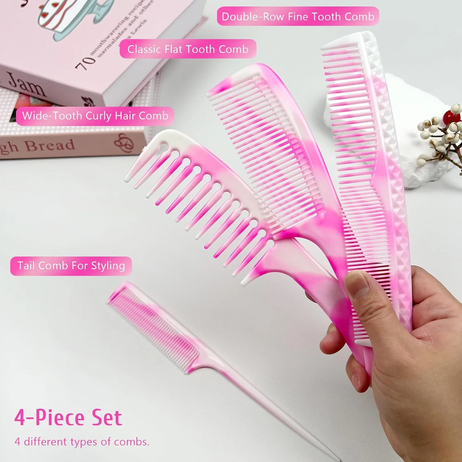 مجموعه شانه مو 4 عددی یونیسکس - شانه دم موشی، دندانه پهن و ظریف و دو طرفه برای باز کردن گره مو به صورت روزانه، صورتی