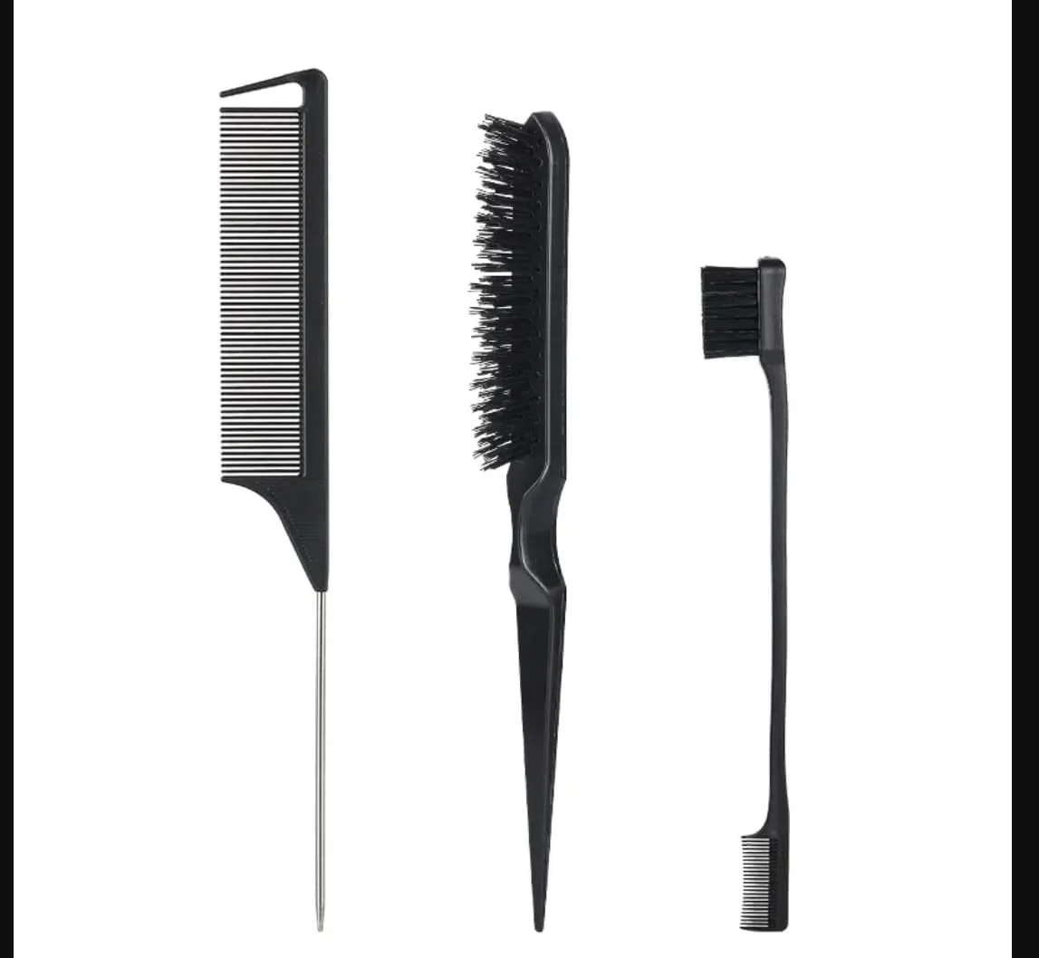 ست شانه حالت دهنده مو 3 تکه شامل شانه پوش دهنده، شانه دم باریک و برس لبه مو برای صاف کردن، جدا کردن و مرتب کردن موهای ریز. برس کنترل لبه مو برای زنان، کلاه گیس، بافت و موهای طبیعی (مشکی)