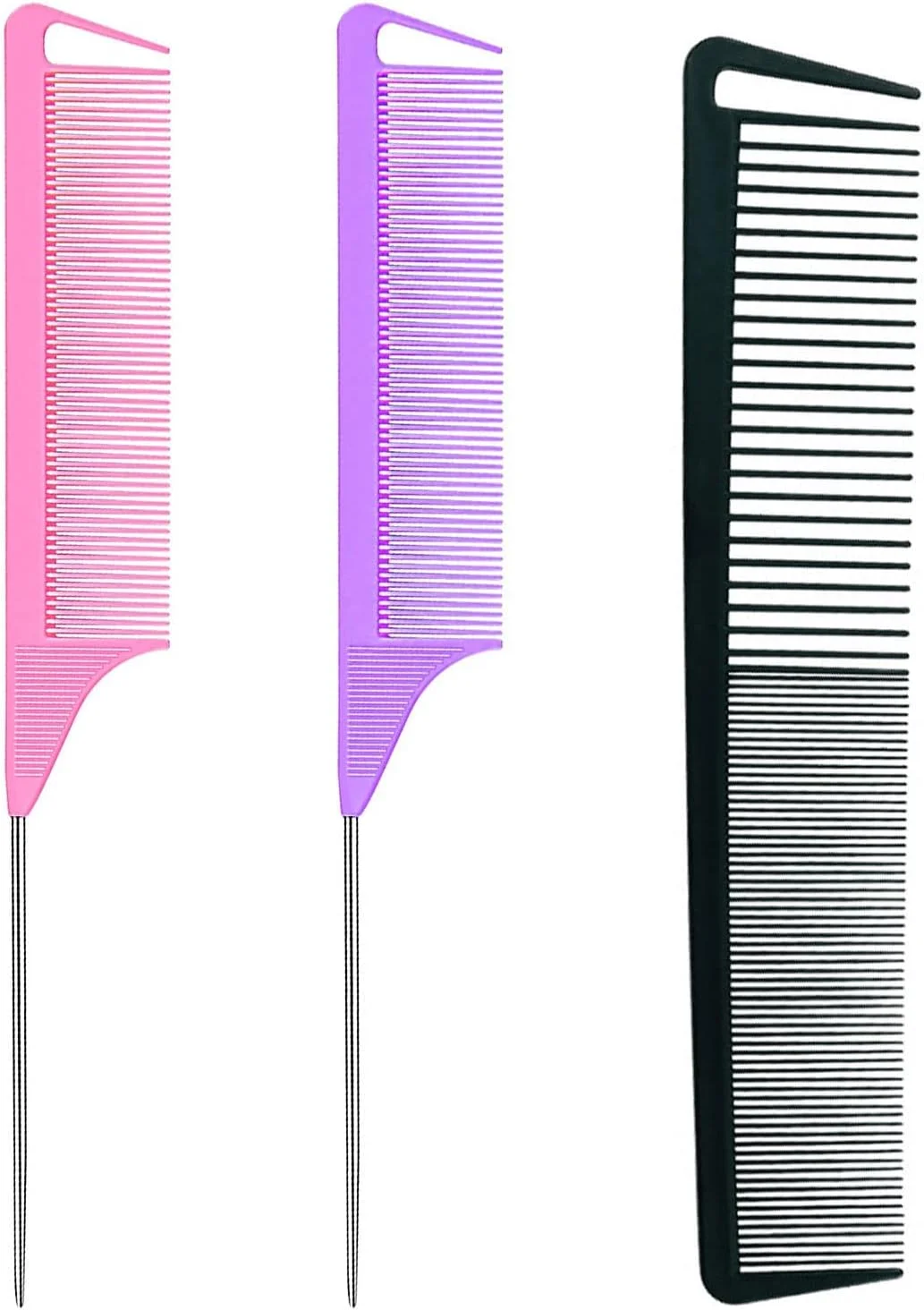 ست 3 عددی شانه دم موشی، شانه جدا کننده مو برای بافت مو، شانه های حالت دهی آرایشگری، شانه های پوش دهنده مو از جنس فیبر کربن، شانه دم باریک استیل ضد زنگ برای زنان و مردان، شانه های دندانه ریز، ابزار مراقبت از مو در آرایشگاه (مشکی+صورتی+بنفش)