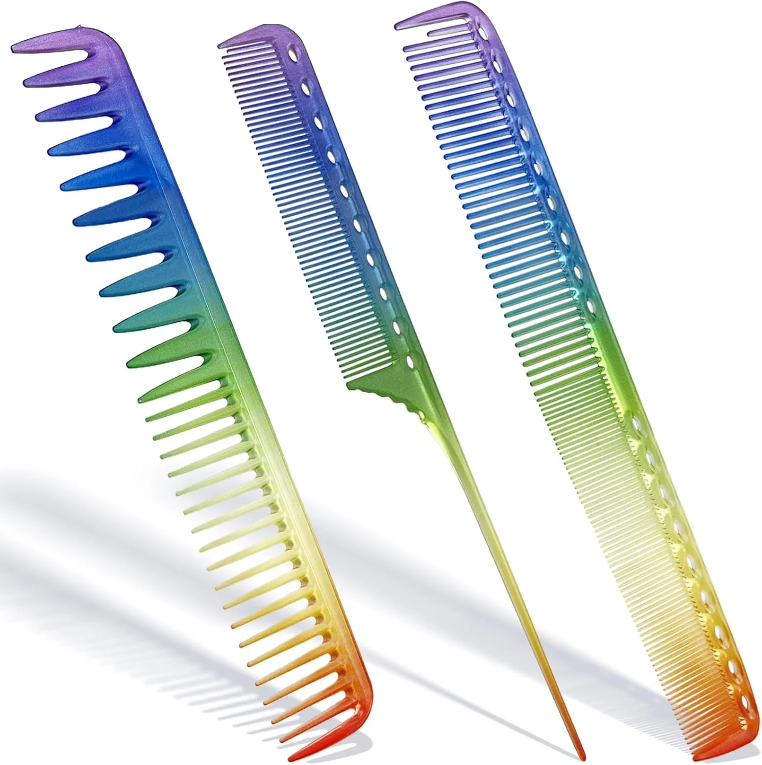 ست شانه رنگین کمانی 3 عددی - دندانه ریز و درشت، دم موشی، ابزارهای آرایشگری ضد الکتریسیته ساکن