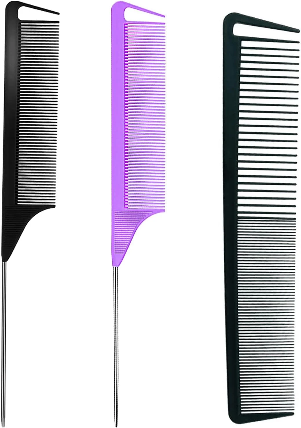 ست 3 عددی شانه دم موشی، شانه جداکننده مو برای بافت، شانه های حالت دهی آرایشگری، شانه های پوش دهنده فیبر کربن، شانه دم فلزی استیل ضد زنگ برای زنان و مردان، شانه های دندانه ریز، ابزارهای آرایش مو در سالن