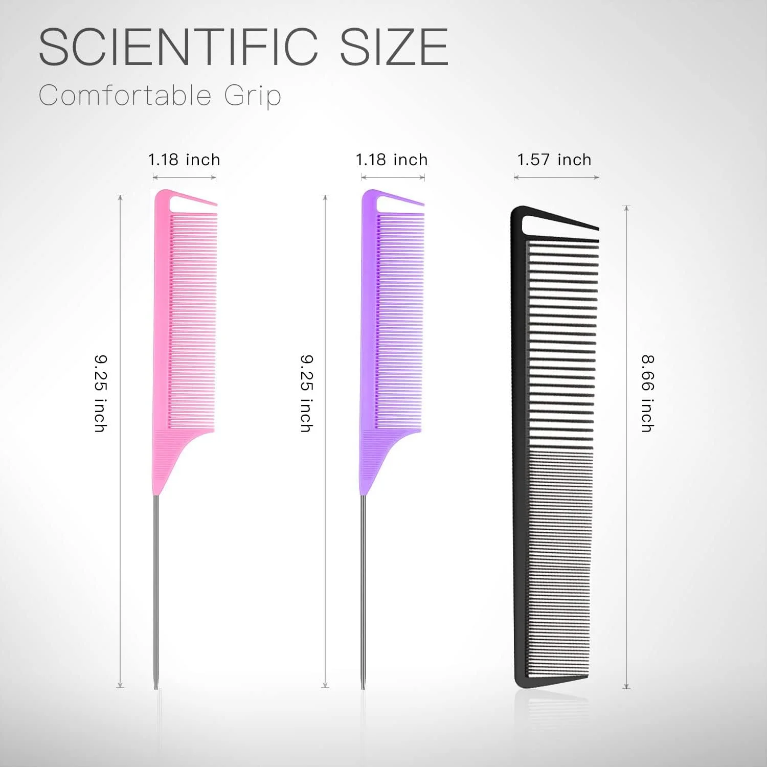 ست 3 عددی شانه دم موشی، شانه جدا کننده مو برای بافت مو، شانه های حالت دهی آرایشگری، شانه های پوش دهنده مو از جنس فیبر کربن، شانه دم باریک استیل ضد زنگ برای زنان و مردان، شانه های دندانه ریز، ابزار مراقبت از مو در آرایشگاه (مشکی+صورتی+بنفش)