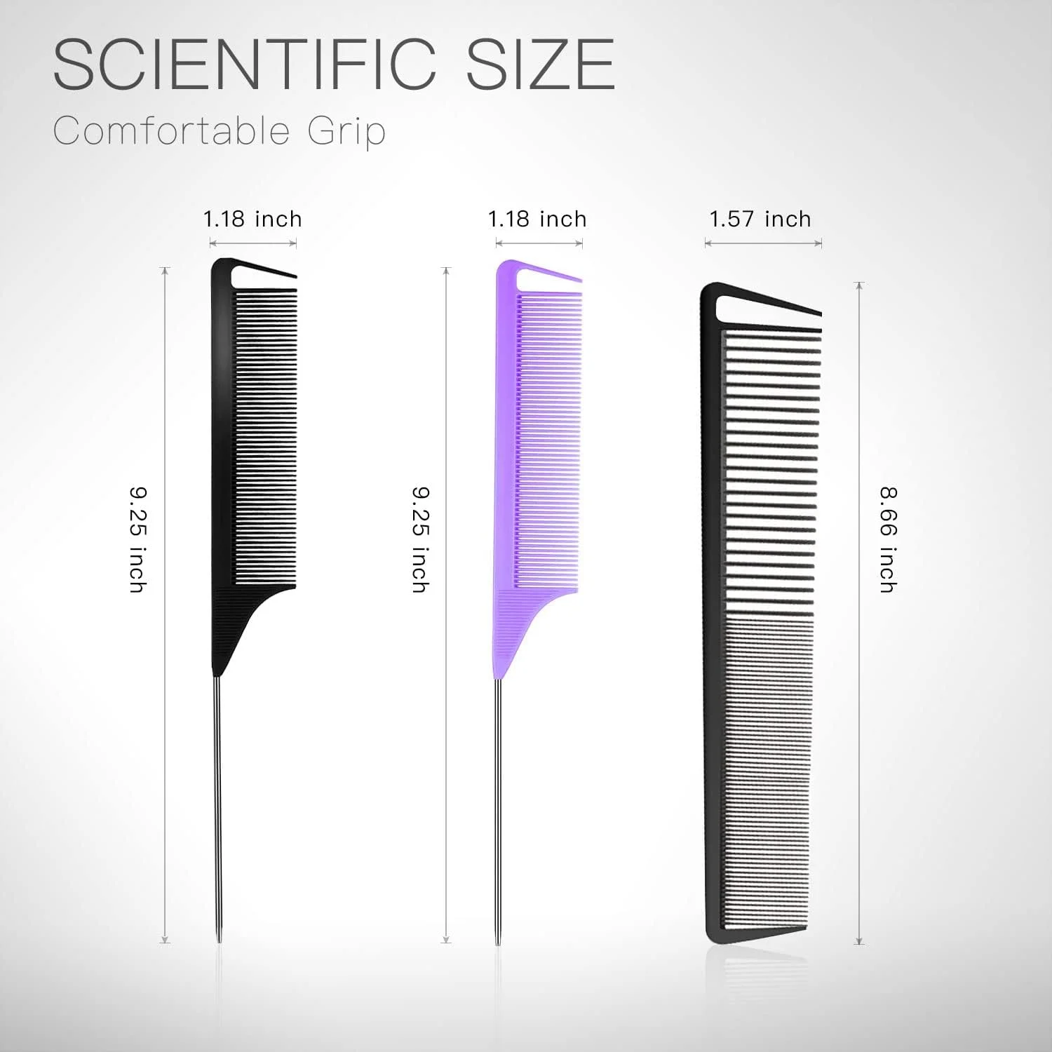 ست 3 عددی شانه دم موشی، شانه جداکننده مو برای بافت، شانه های حالت دهی آرایشگری، شانه های پوش دهنده فیبر کربن، شانه دم فلزی استیل ضد زنگ برای زنان و مردان، شانه های دندانه ریز، ابزارهای آرایش مو در سالن