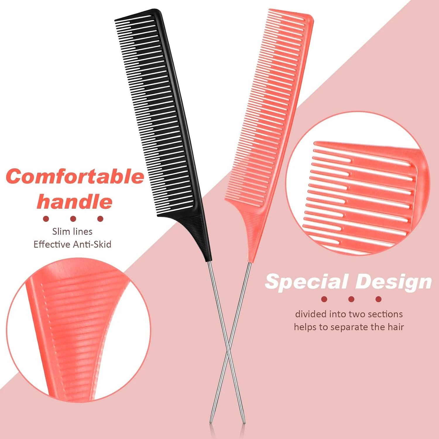 شانه رنگ و مش مو، شانه دم موشی برای حالت دادن به مو، شانه حالت دهنده برای آرایشگری و کوتاهی مو، مشکی و صورتی، 2 عدد