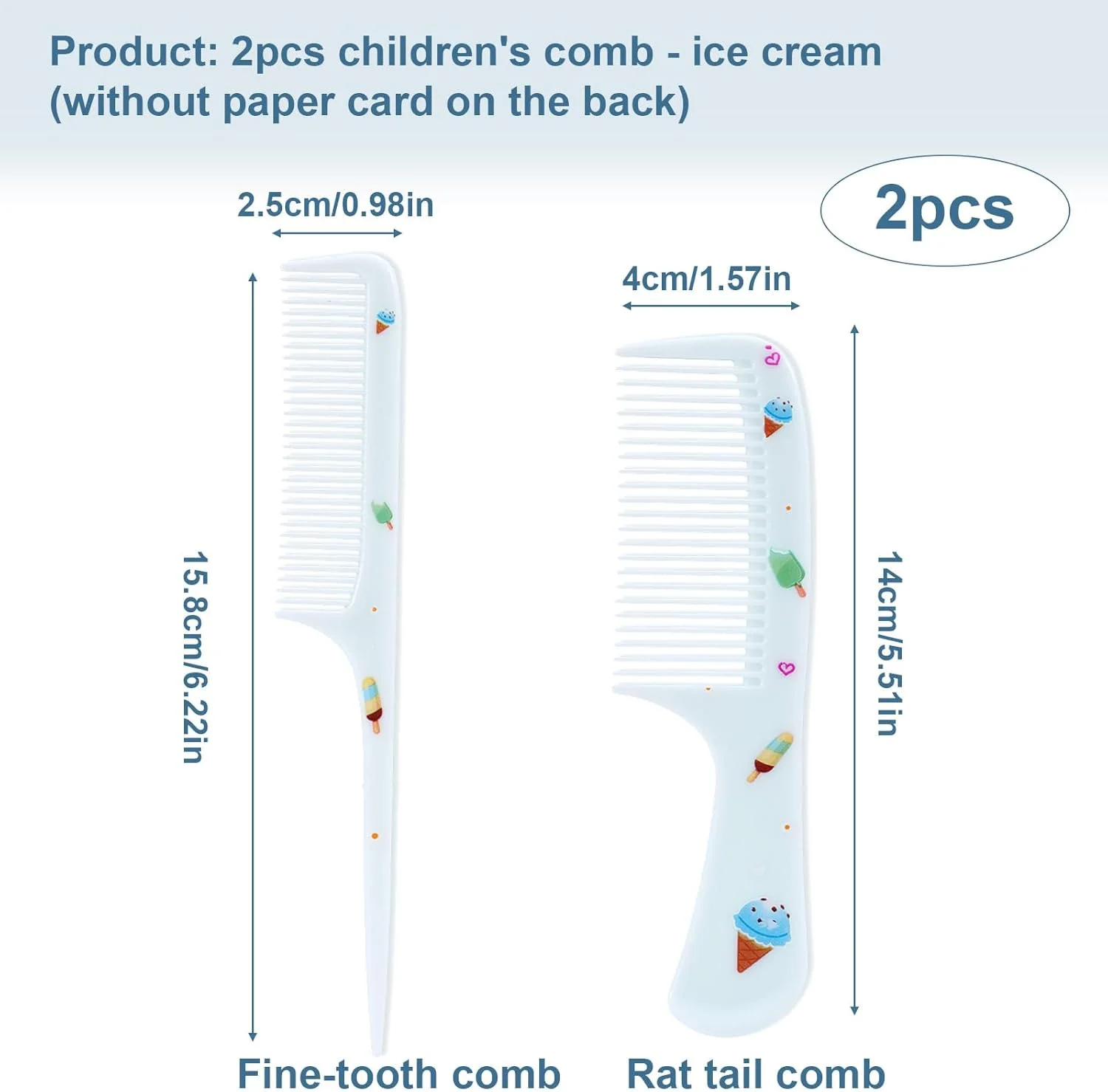 ست شانه کودک دو تکه، آبی طرح بستنی، شانه دندانه ریز و دم باریک، پلاستیکی، برس موی کوچک کودک برای کودکان، مناسب انواع مو