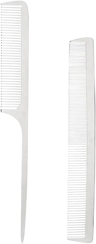 2 عدد شانه مو استیل ضد زنگ، شانه دم موشی فلزی، شانه آرایشگری فلزی حرفه ای، شانه برش دندانه ریز، شانه حالت دهنده مو برای مردان و زنان