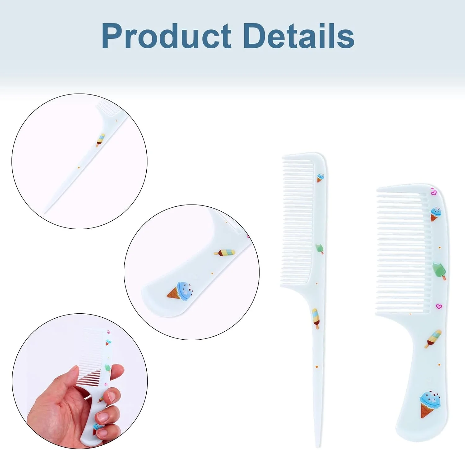 ست شانه کودک دو تکه، آبی طرح بستنی، شانه دندانه ریز و دم باریک، پلاستیکی، برس موی کوچک کودک برای کودکان، مناسب انواع مو