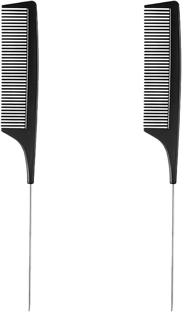 ست 2 عددی شانه دم موشی حرفه ای استیل ضد زنگ با دندانه فلزی، برس شانه دندانه ریز فیبر کربنی ضد الکتریسیته ساکن برای آقایان و بانوان - ایده آل برای تقسیم دقیق مو