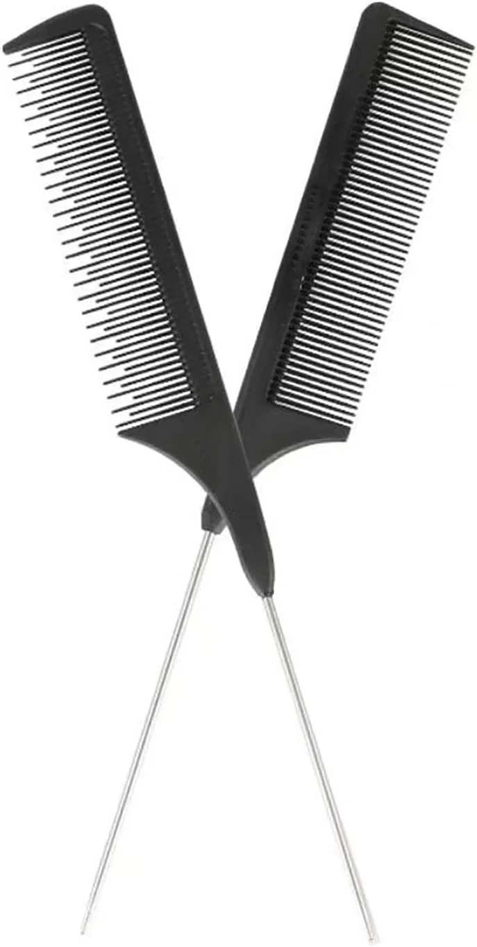 ست 2 عددی شانه دم موشی حرفه ای استیل ضد زنگ با دندانه فلزی، برس شانه دندانه ریز فیبر کربنی ضد الکتریسیته ساکن برای آقایان و بانوان - ایده آل برای تقسیم دقیق مو