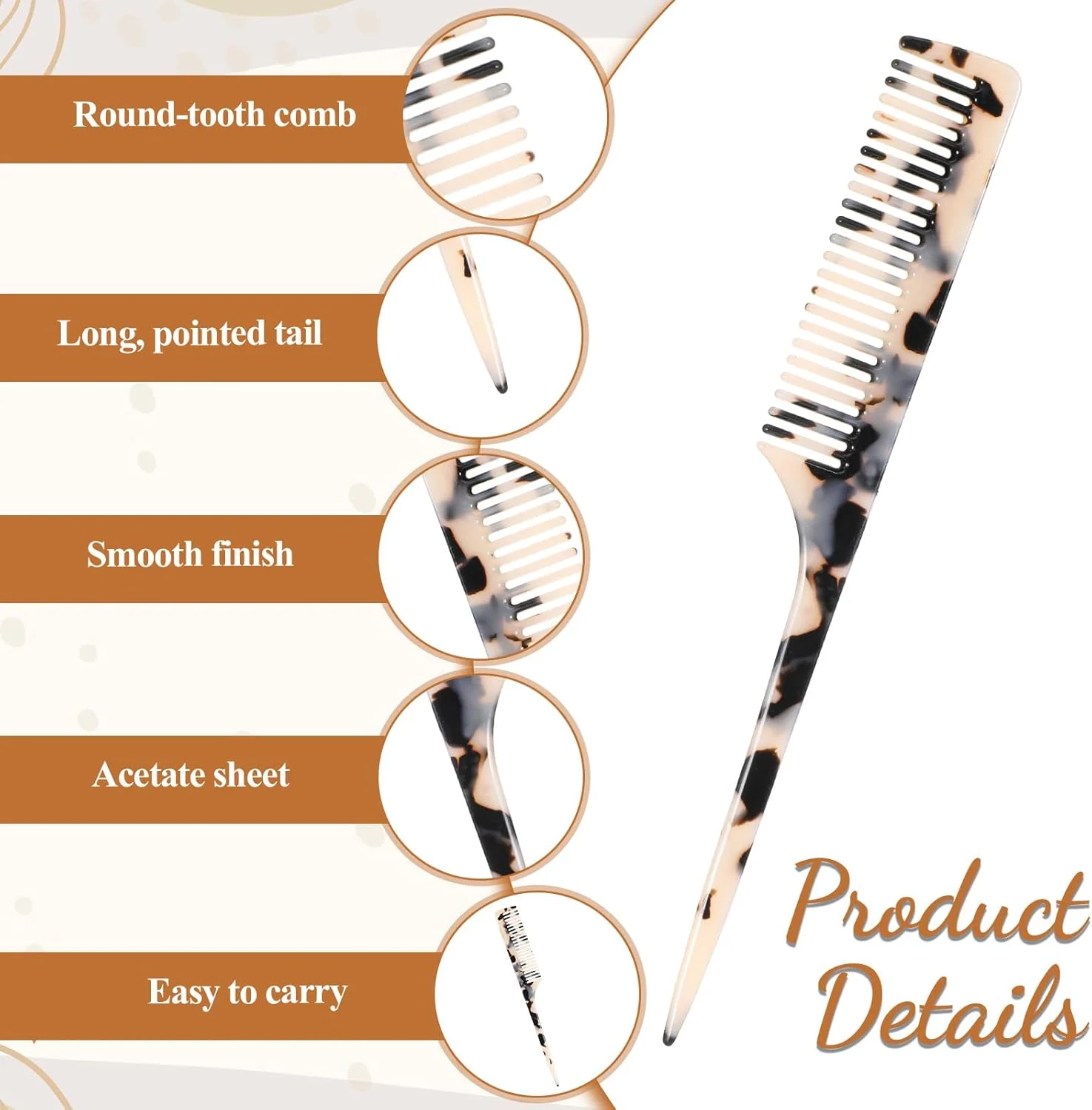 ست شانه دم موشی 1 عددی، شانه دم باریک جداکننده مو، شانه پوش دهنده مو با دندانه های ظریف برای زنان و دختران، شانه های پوش دهنده دندانه ریز با پیک (پلنگی)