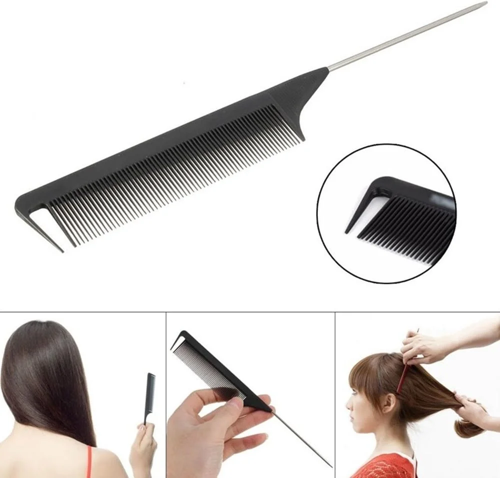 1 عدد شانه موی دم موشی دندانه ریز مشکی، پلاستیکی با پین فلزی، ضد الکتریسیته ساکن، مناسب حالت دادن به مو، ابعاد 220x28x4 میلی متر، ابزار آرایش مو