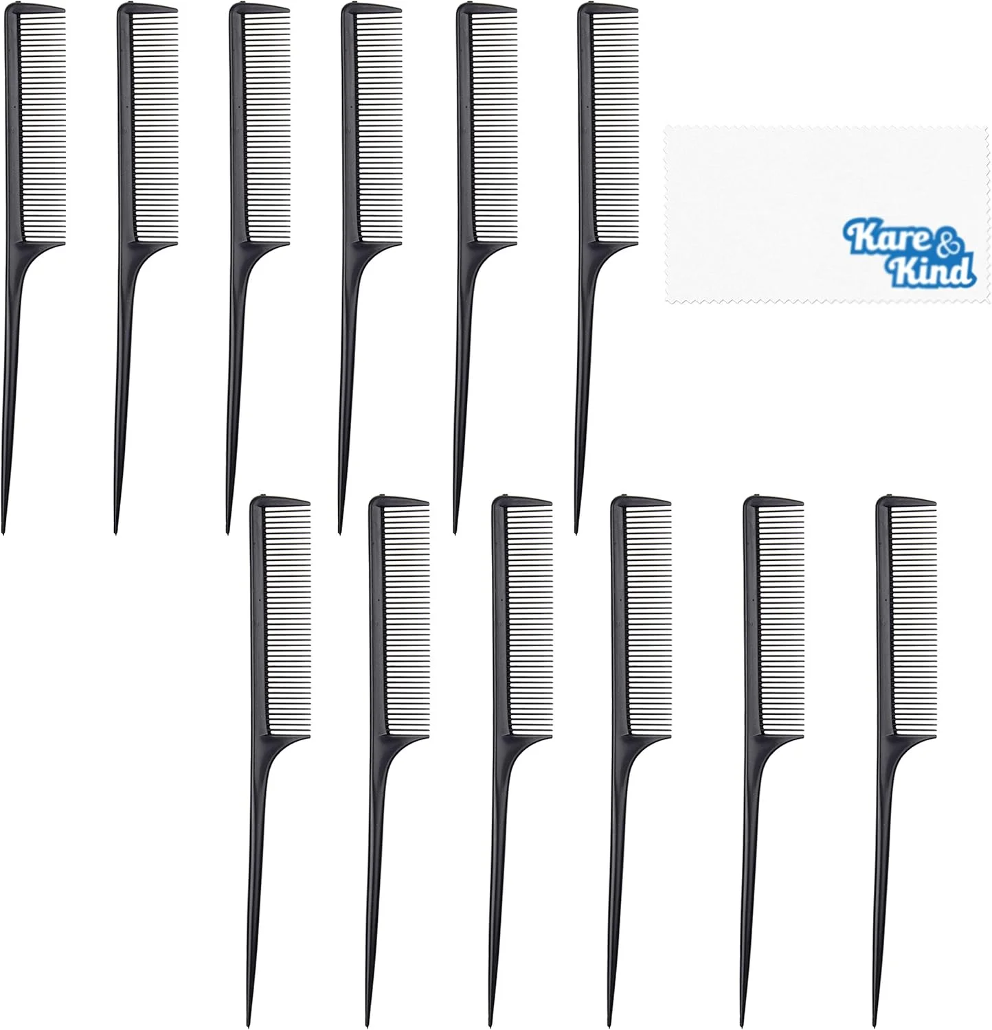 شانه حالت دهنده Kare Kind - بسته 12 عددی - رنگ مشکی - شانه های دم موشی دندانه ریز - جنس پلاستیکی - مناسب برای حجم دادن، مرتب کردن، پوش دادن ریشه، تقسیم بندی، رنگ کردن، حالت دادن مو - مردانه زنانه - هدیه