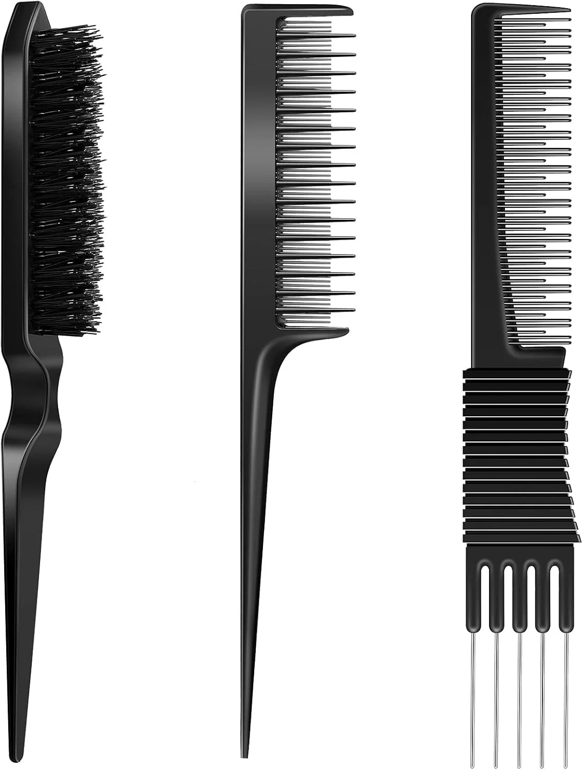 مجموعه شانه مو JQTOP شامل 3 عدد شانه پوش دهنده مو، شامل شانه‌های پوش دهنده کربنی مشکی با دندانه فلزی، شانه دم موشی سه پین، برس شانه مو با موهای نایلونی برای زنان (مشکی، قرمز رز)