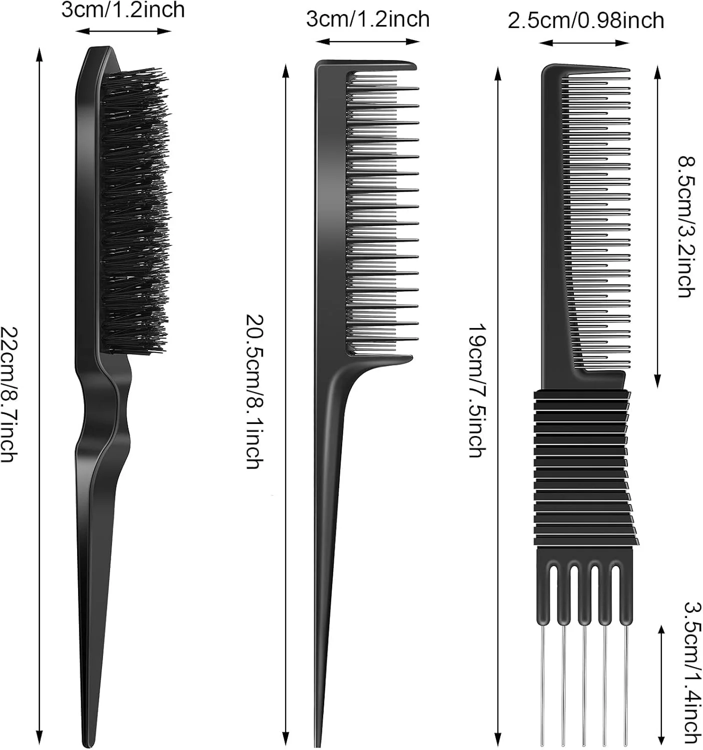 مجموعه شانه مو JQTOP شامل 3 عدد شانه پوش دهنده مو، شامل شانه‌های پوش دهنده کربنی مشکی با دندانه فلزی، شانه دم موشی سه پین، برس شانه مو با موهای نایلونی برای زنان (مشکی، قرمز رز)