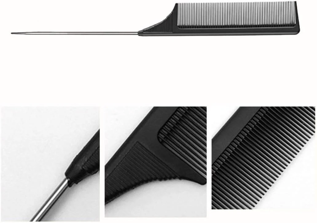 JZK شانه موی کربنی 4 عددی، شانه دم موشی با پین استیل ضد زنگ، شانه مقاوم در برابر حرارت با پین استیل، شانه دم دار حرفه ای برای تقسیم مو، شانه حالت دهنده و پوش دهنده ضد الکتریسیته ساکن (مشکی)