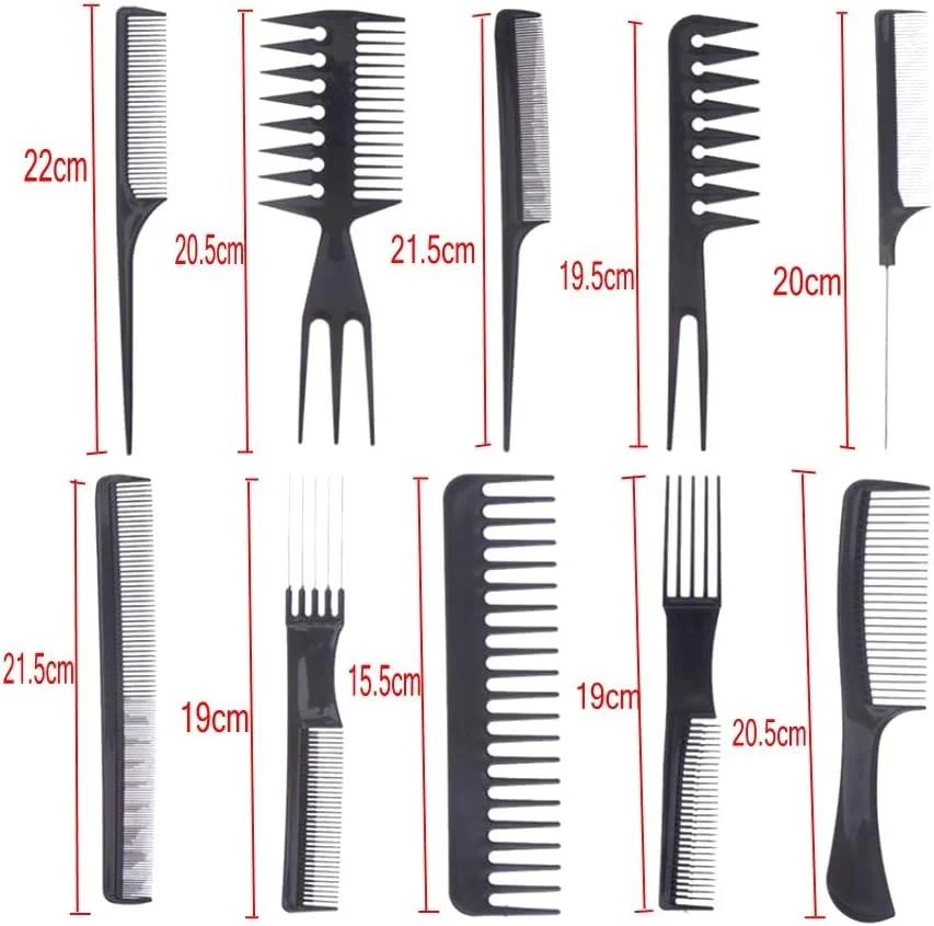 مجموعه 10 عددی شانه حرفه ای سالنی JZK، شانه های ضد الکتریسیته ساکن برای حالت دادن و آرایش مو + 4 عدد گیره مو برای آرایشگر سالن، مشکی