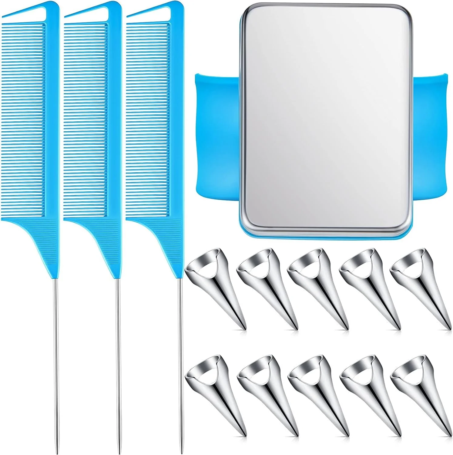 جی کیو تاپ 10 عدد حلقه جدا کننده مو، 3 عدد شانه بافتنی دم موشی فولادی برای جدا کردن و مچ بند مغناطیسی سوزنی ابزار انتخاب جدا کننده مو شانه های جدا کننده برای بافتن (شانه صورتی، حلقه جدا کننده مو نقره ای)