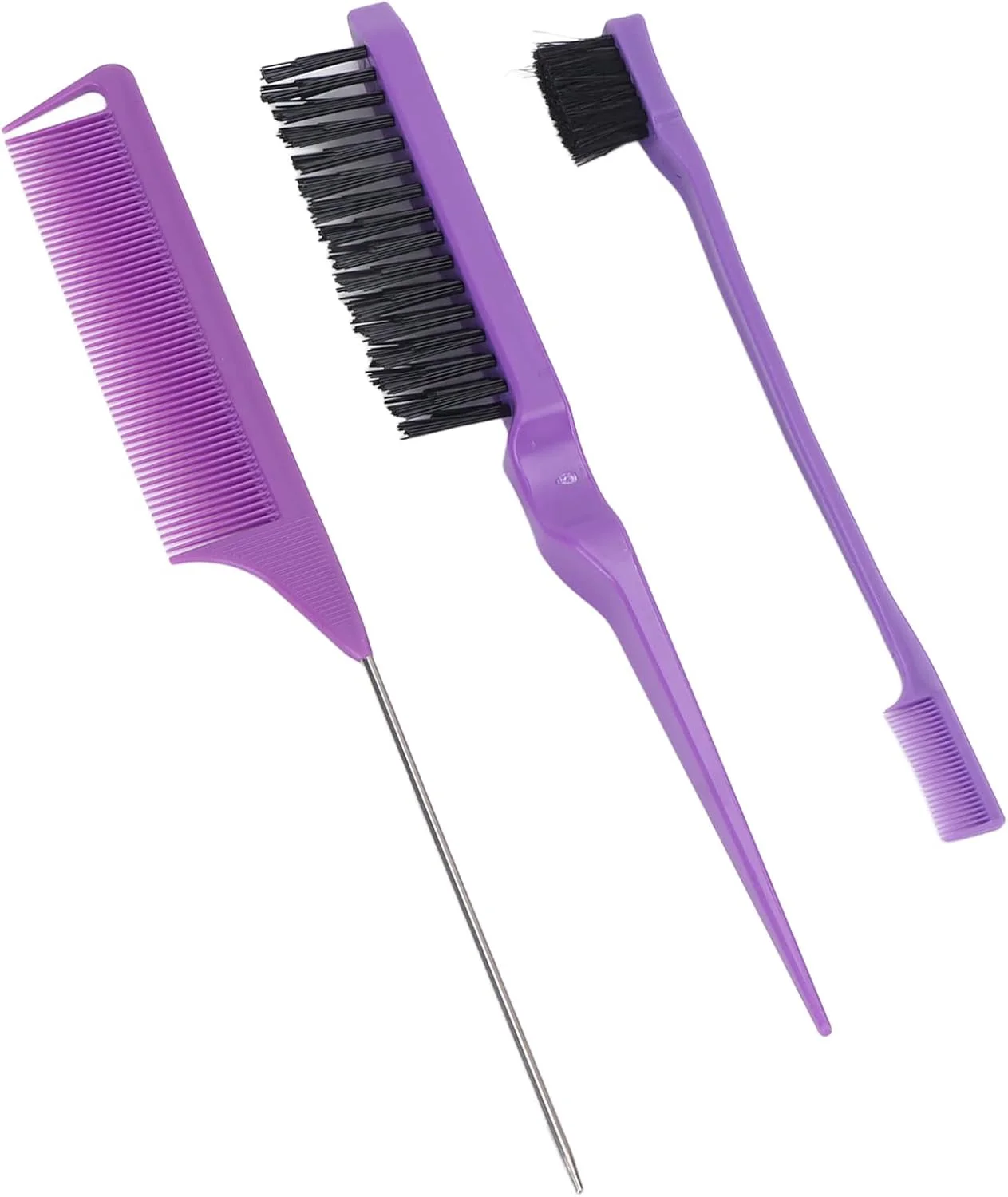 ست شانه آرایشگاهی 3 تکه مناسب منزل یا سالن، شامل شانه دم باریک، برس رنگ مو و شانه حالت دهنده مو - بنفش