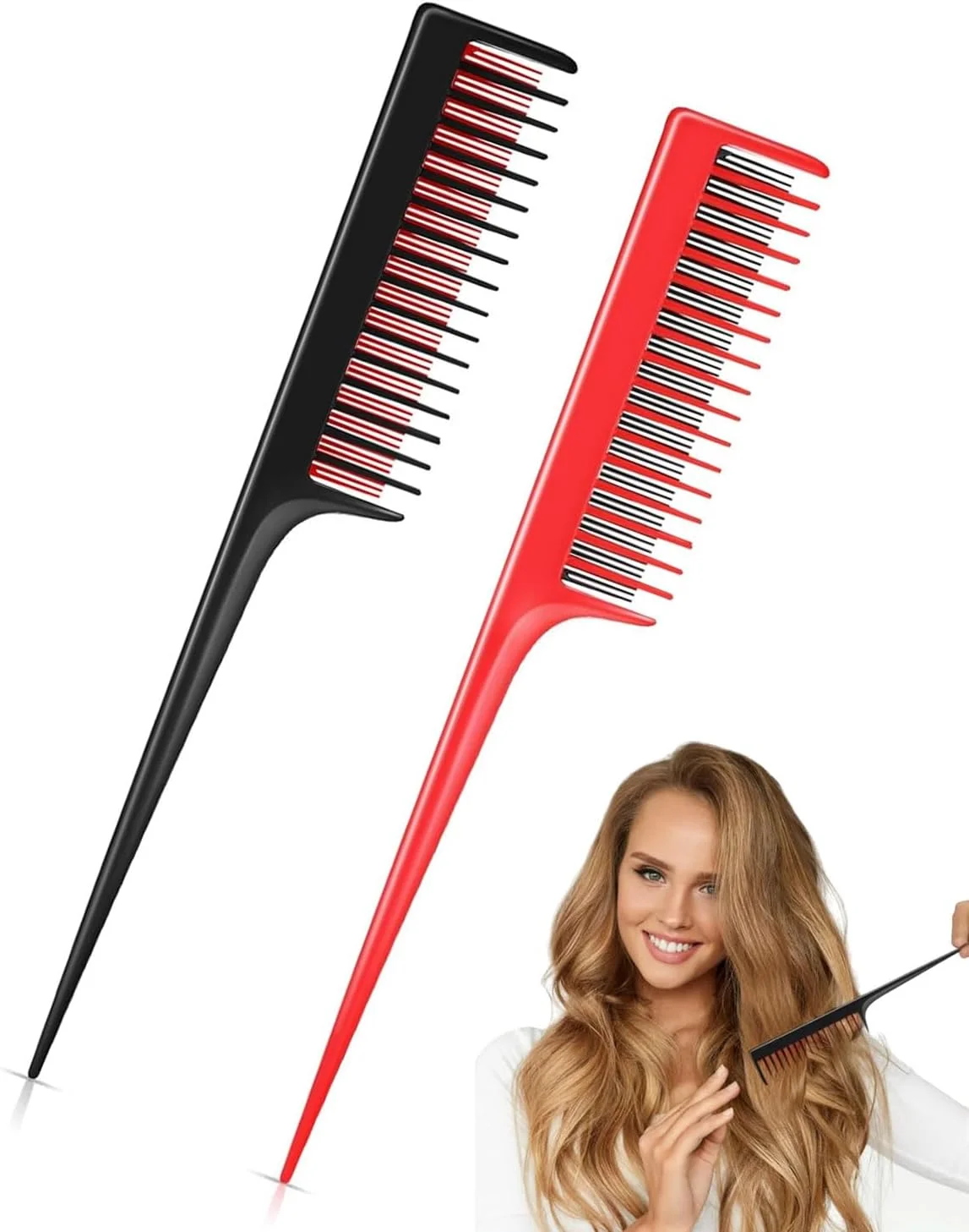 HSIXHAF بسته 2 عددی شانه پوش دهنده مو، شانه پوش سه تایی، شانه دم موشی برای زنان، پوش دادن ریشه مو، حالت دادن مو برای شب، افزایش حجم مو، مشکی و قرمز