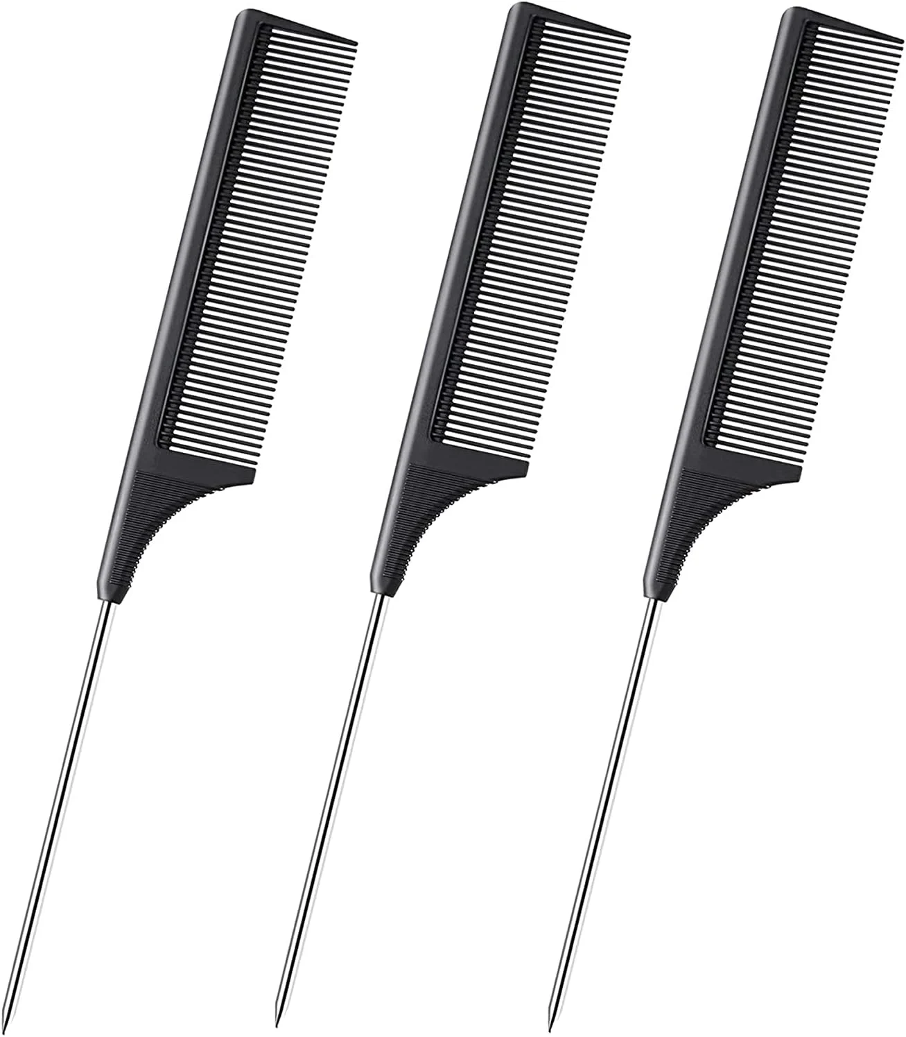 Hunky Dory Toni Black Combo Rat Tail Comb Fiber Teasing, Lifting,Styling Combs, Carbon Fiber and Stainless Steel Pintail for Hair Salon or Home Supplies for Men | Women (Pack of 3)