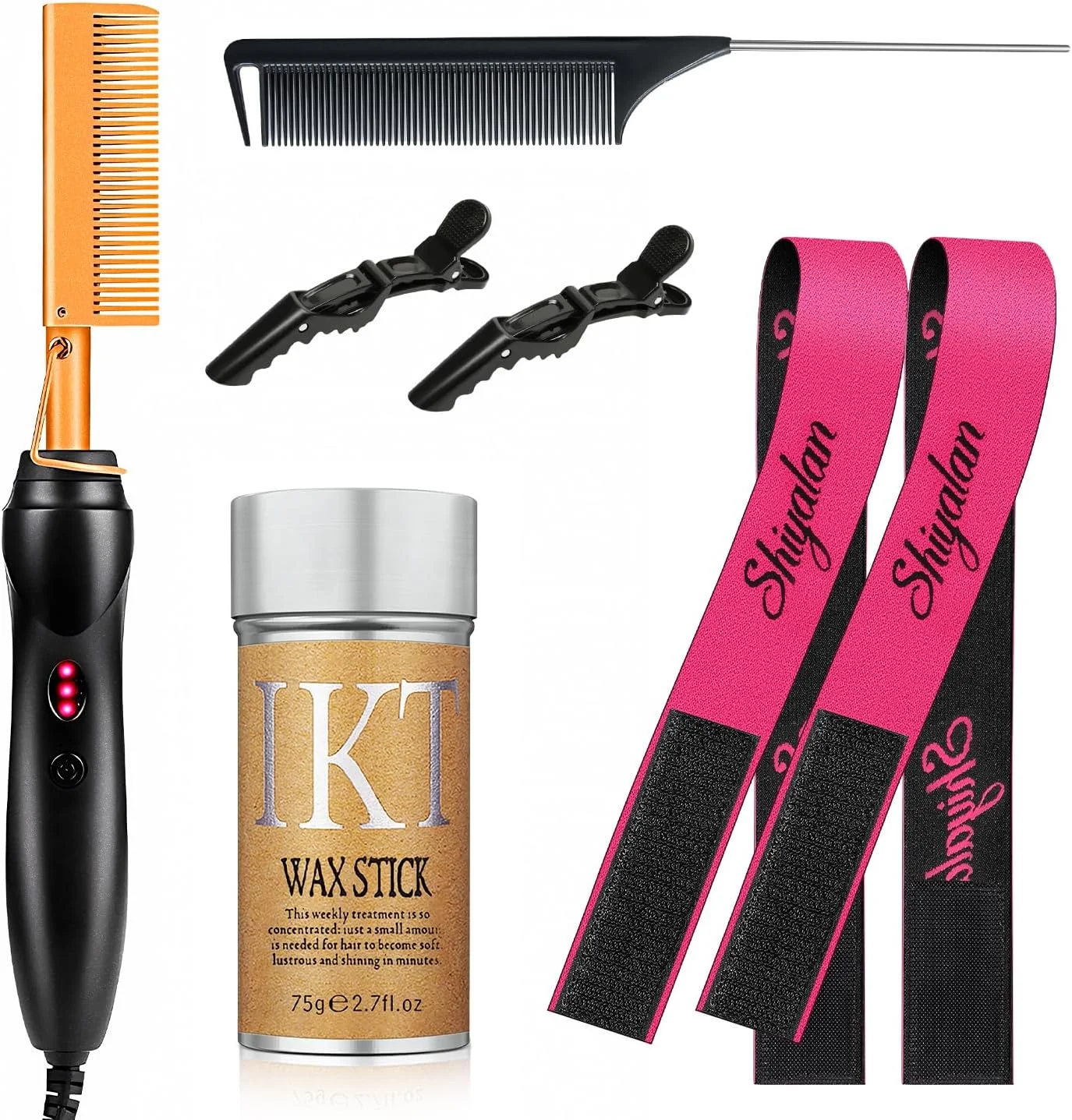 ست شانه داغ 7 تکه، شانه صاف کننده موی برقی برای موهای مشکی، ست شانه داغ به همراه چسب مو، کش مو، شانه دم موشی و گیره های سالنی