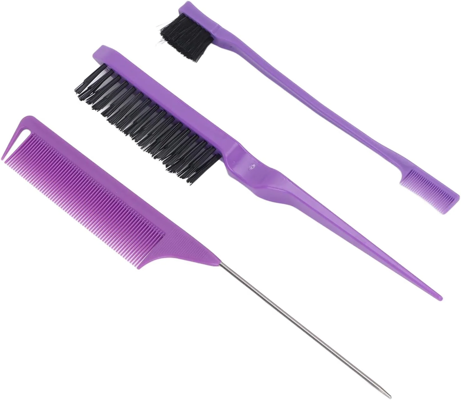 ست شانه آرایشگاهی 3 تکه مناسب منزل یا سالن، شامل شانه دم باریک، برس رنگ مو و شانه حالت دهنده مو - بنفش