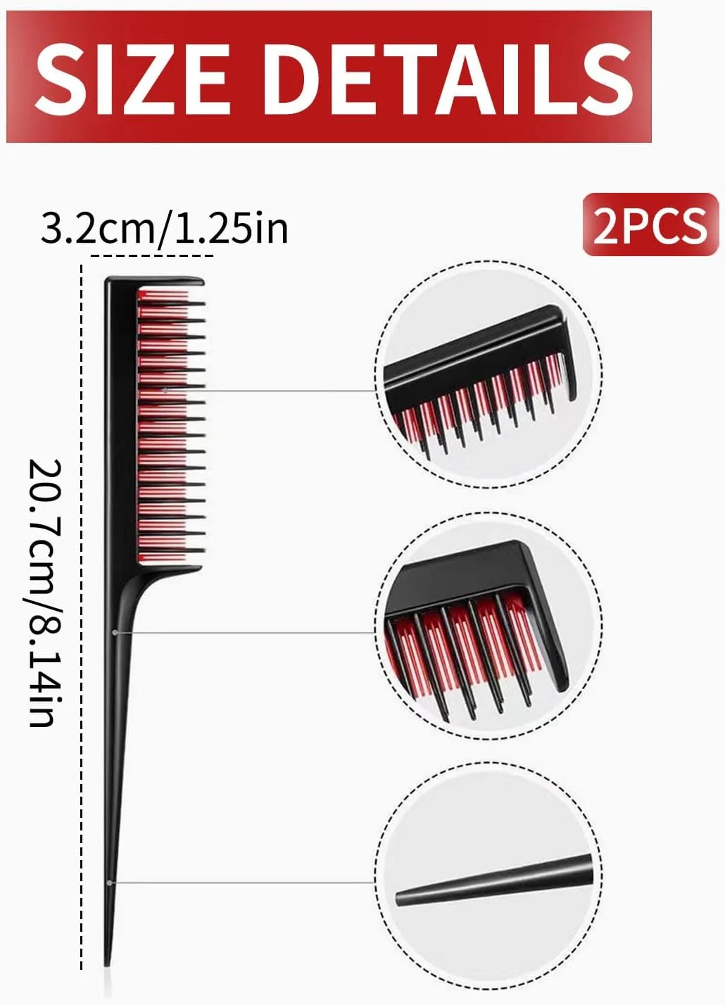 HSIXHAF بسته 2 عددی شانه پوش دهنده مو، شانه پوش سه تایی، شانه دم موشی برای زنان، پوش دادن ریشه مو، حالت دادن مو برای شب، افزایش حجم مو، مشکی و قرمز