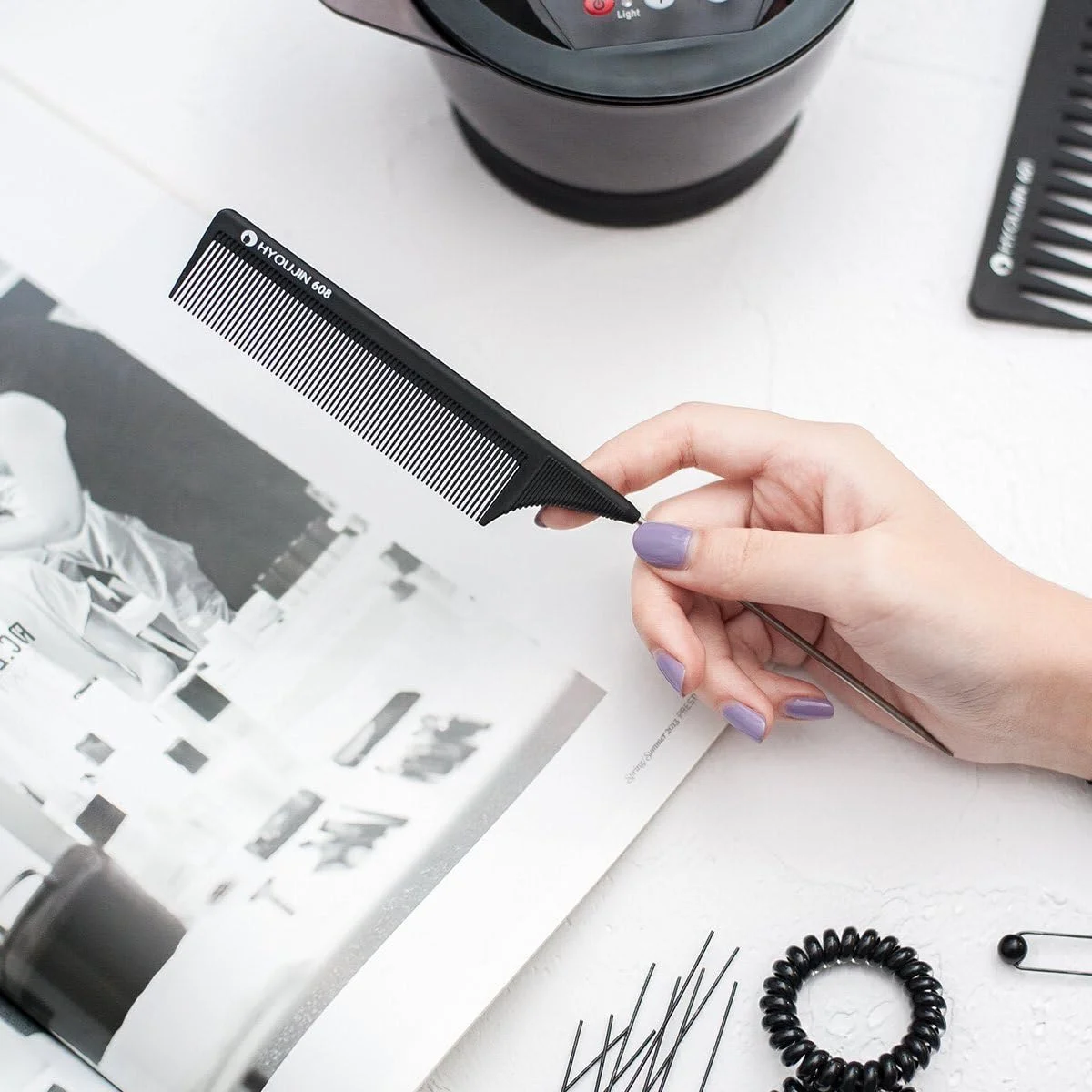 شانه دم موشی کربنی HYOUJIN - شانه های جداکننده و باز کننده گره مو برای خانم ها با دندانه های ظریف، ایده آل برای موهای فر - مشکی