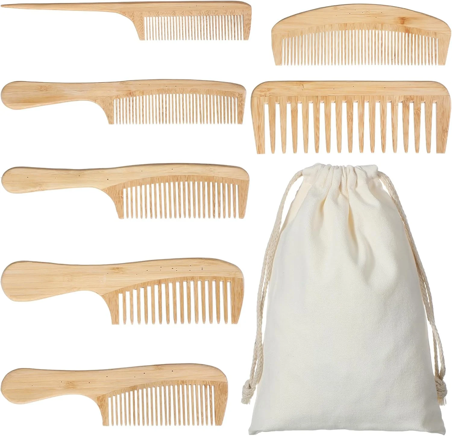 ست 7 عددی شانه بامبو دست ساز طبیعی Honeydak، ضد الکتریسیته ساکن، دندانه پهن، دم موشی، شانه دندانه ریز، طراحی شده برای موهای بلند، کوتاه، ضخیم، نازک، فر یا موج دار، مناسب برای باز کردن گره مو، مناسب برای زنان و مردان
