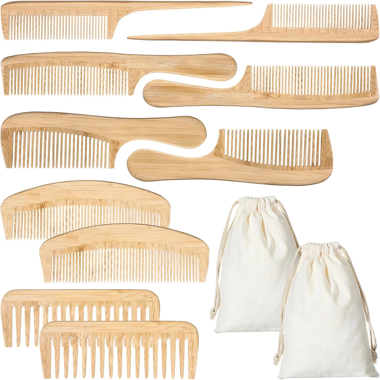 مجموعه شانه بامبو دست ساز طبیعی Honeydak شامل 10 عدد شانه دندانه درشت و ریز، شانه دم موشی ضد الکتریسیته ساکن، مناسب برای باز کردن گره موهای بلند، کوتاه، ضخیم، نازک، مجعد یا موج دار، مناسب برای زنان و مردان