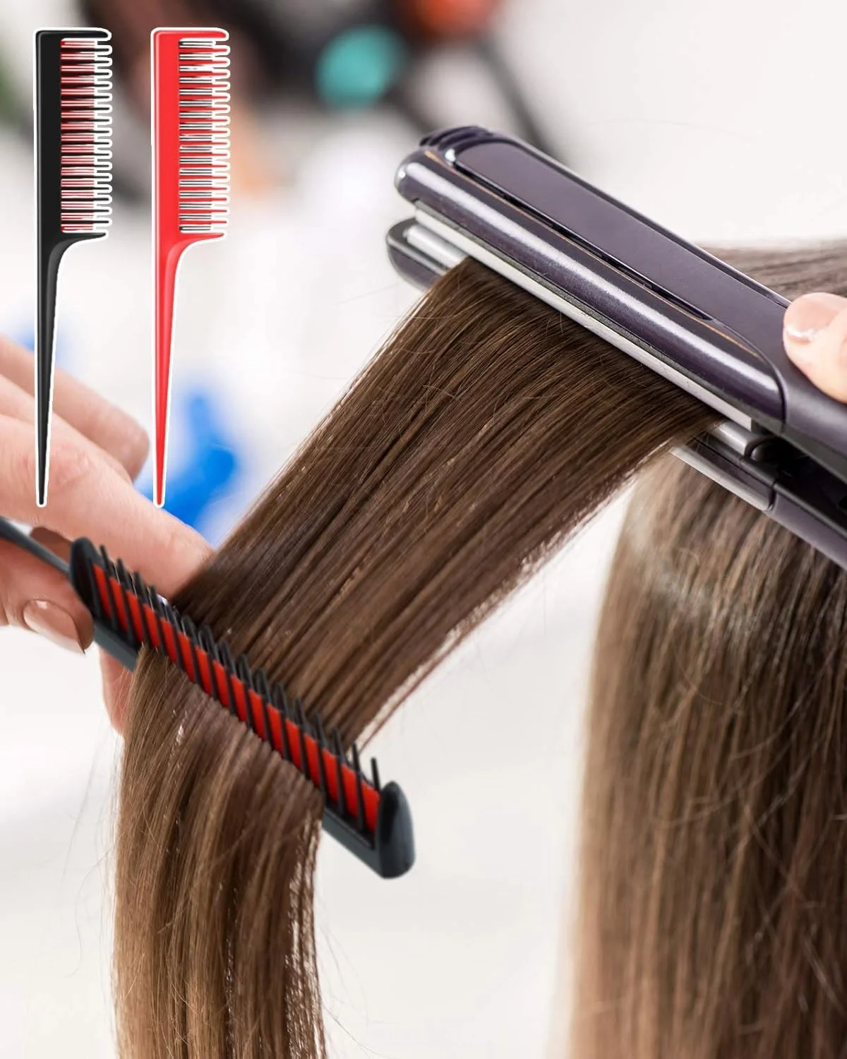 HSIXHAF بسته 2 عددی شانه پوش دهنده مو، شانه پوش سه تایی، شانه دم موشی برای زنان، پوش دادن ریشه مو، حالت دادن مو برای شب، افزایش حجم مو، مشکی و قرمز