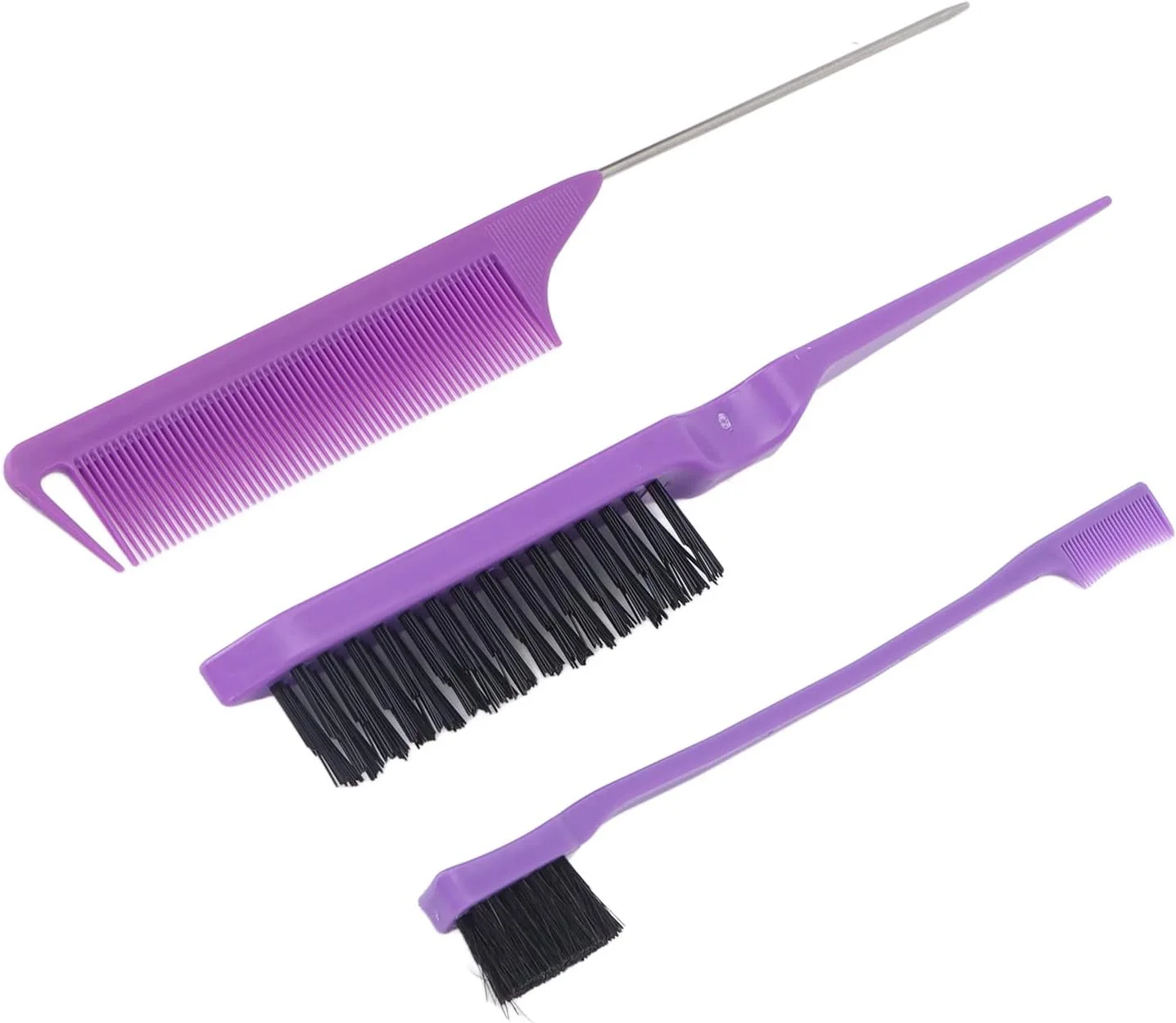 ست شانه آرایشگاهی 3 تکه مناسب منزل یا سالن، شامل شانه دم باریک، برس رنگ مو و شانه حالت دهنده مو - بنفش