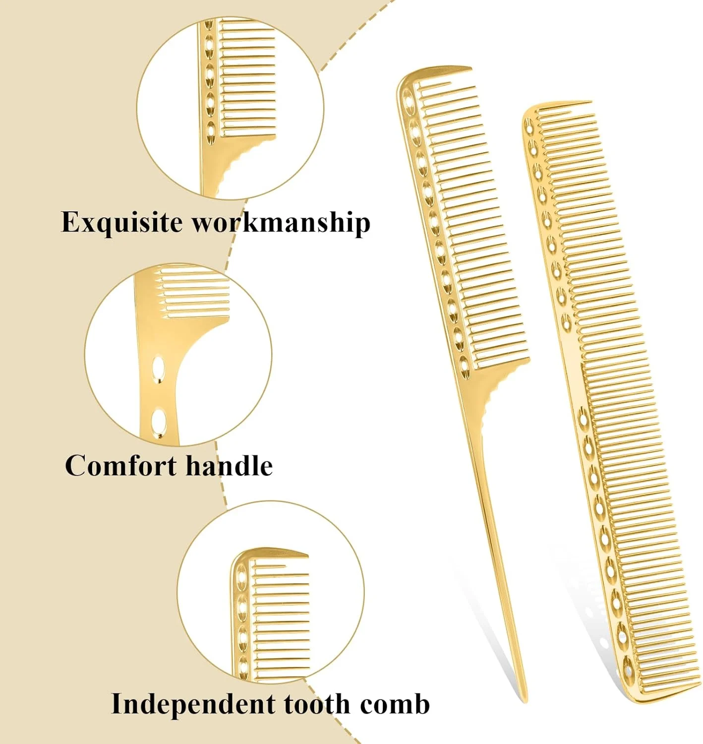 مجموعه شانه های آلومینیومی حرفه ای آرایشگری InnoHHustle، شانه های فلزی برای اصلاح مو، شانه آرایشگری و شانه دم باریک (طلایی)