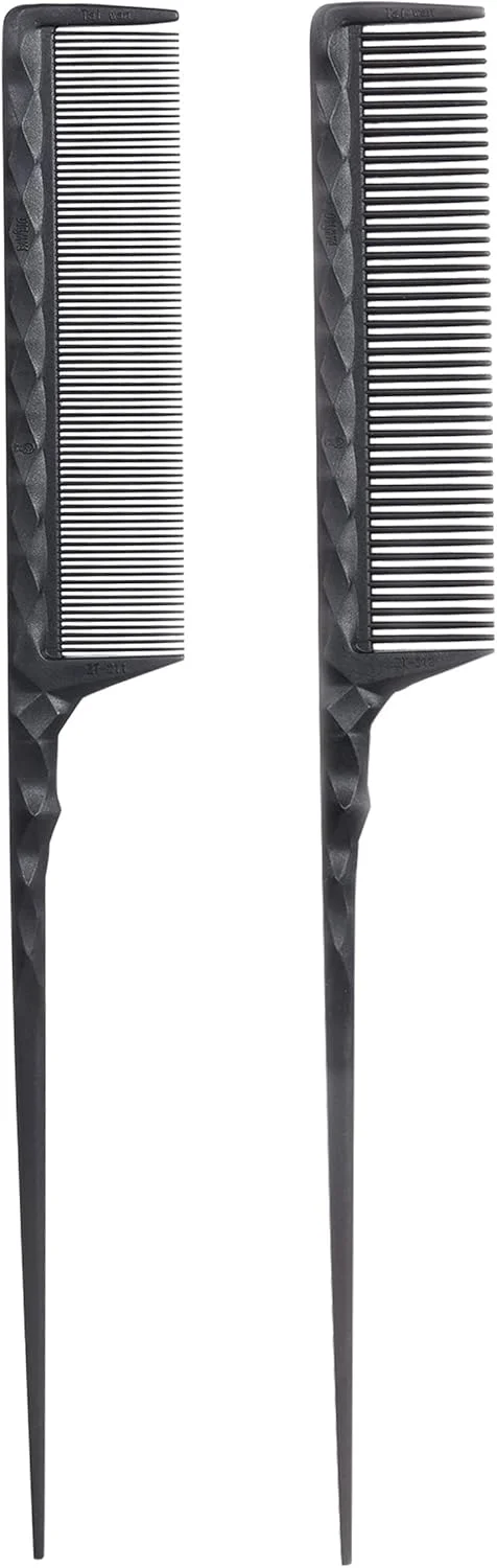 شانه مو دم باریک مقاوم در برابر حرارت برای صاف کردن مو با اتو، 2 عدد شانه دم موشی ضد الکتریسیته ساکن فیبر کربنی برای آرایشگری، تقسیم بندی و بافت موی زنانه، دندانه های ریز و پهن، مشکی