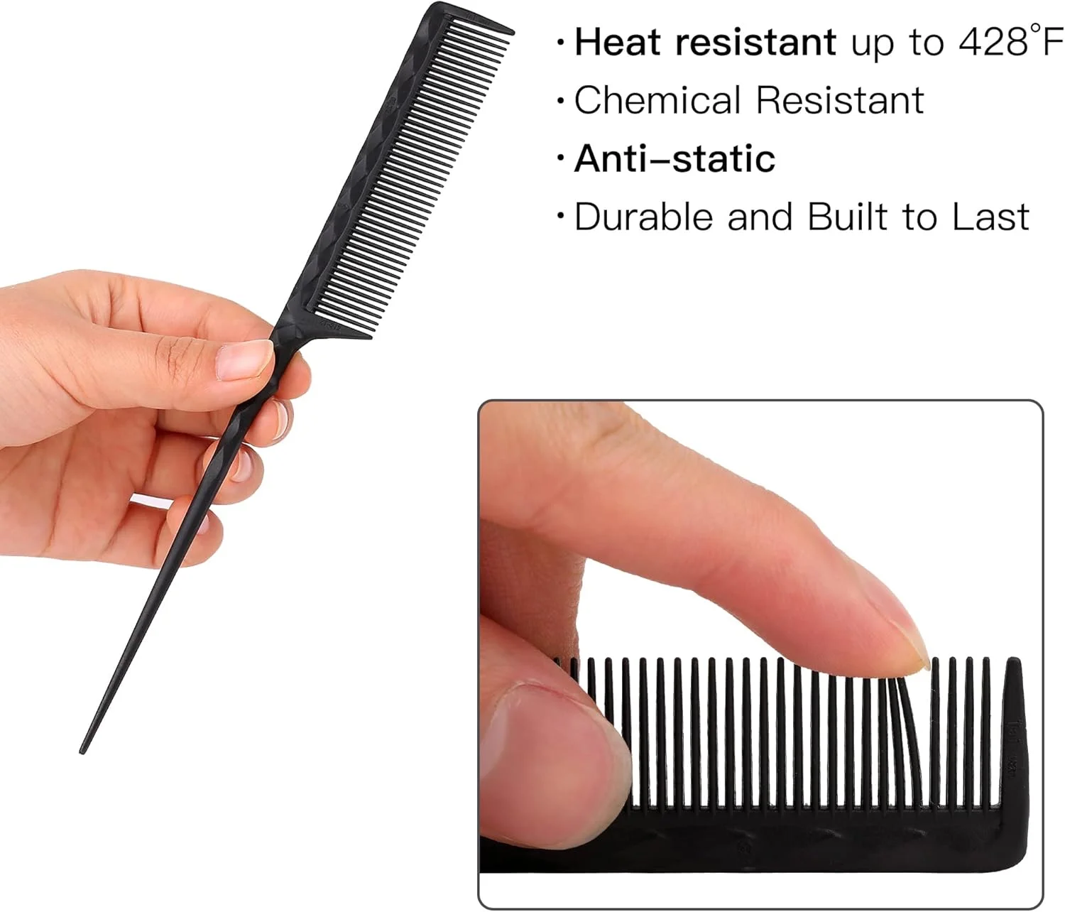 شانه مو دم باریک مقاوم در برابر حرارت برای صاف کردن مو با اتو، 2 عدد شانه دم موشی ضد الکتریسیته ساکن فیبر کربنی برای آرایشگری، تقسیم بندی و بافت موی زنانه، دندانه های ریز و پهن، مشکی