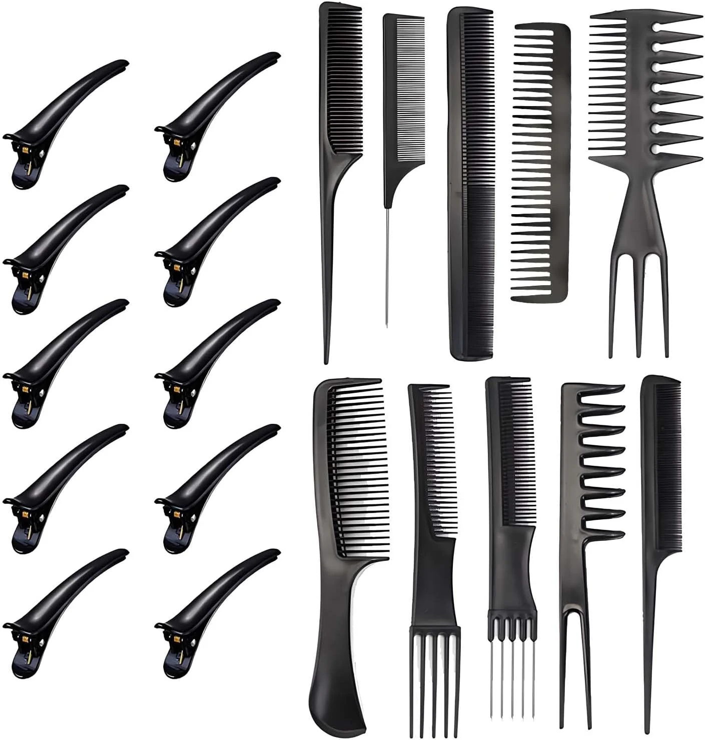 مجموعه شانه مو، 20 عدد شانه حالت دهنده مو، مجموعه گیره های حالت دهنده حرفه ای آرایشگران، لوازم جانبی رنگ مو ضد الکتریسیته ساکن مردانه زنانه سالن خانه، مشکی